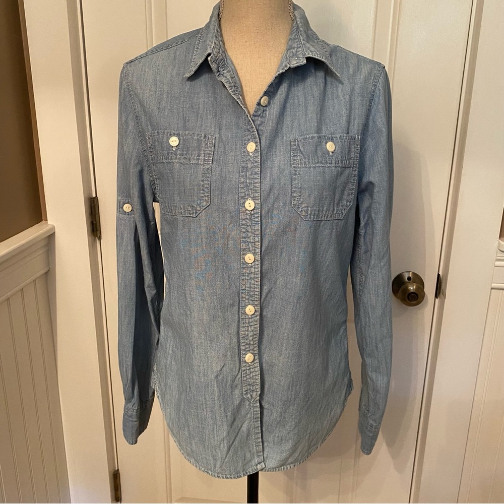 PER SE TOP CASUAL BUTTON DOWN BLOUSE BLUE COTTON DENIM LONG SLEEVE TABS SIZE S